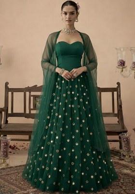 Dark Green Embroidered Crepe Lehenga Set