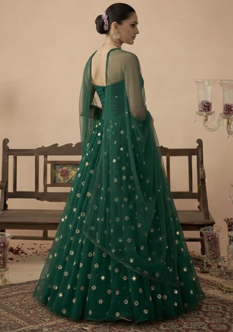 Dark Green Embroidered Crepe Lehenga Set - Indya