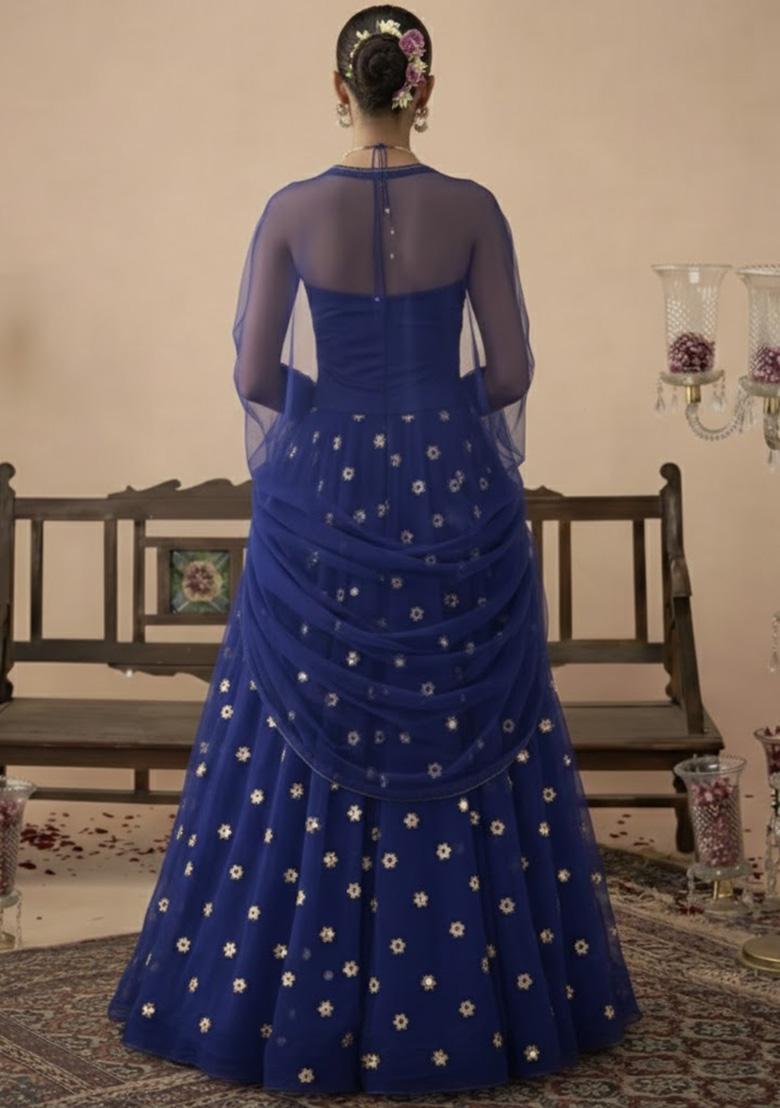 Navy Blue Embroidered Crepe Lehenga Set - Indya