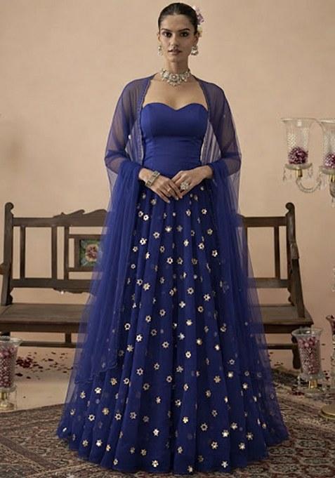 Navy Blue Embroidered Crepe Lehenga Set