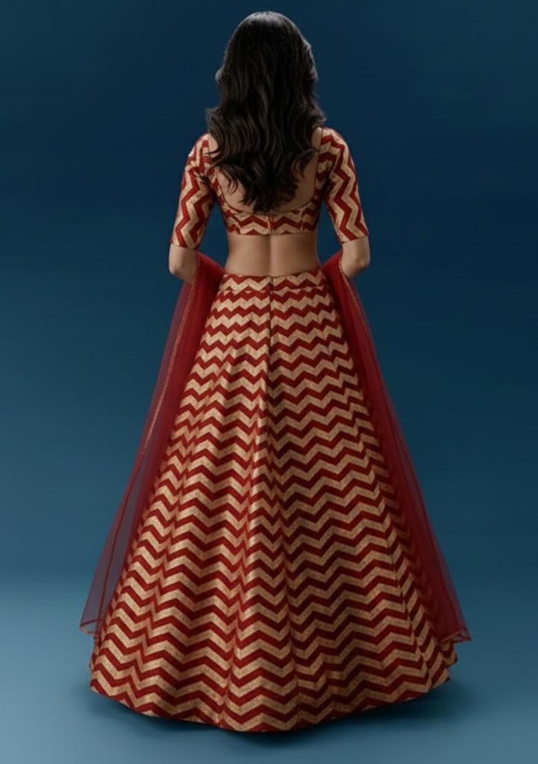 Red Printed Silk Lehenga Set - Indya