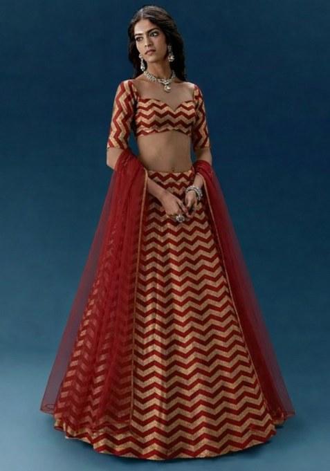 Red Printed Silk Lehenga Set