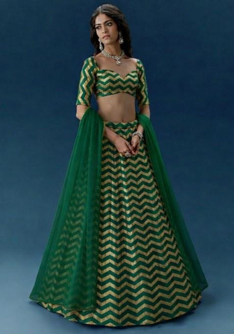 Green Printed Silk Lehenga Set
