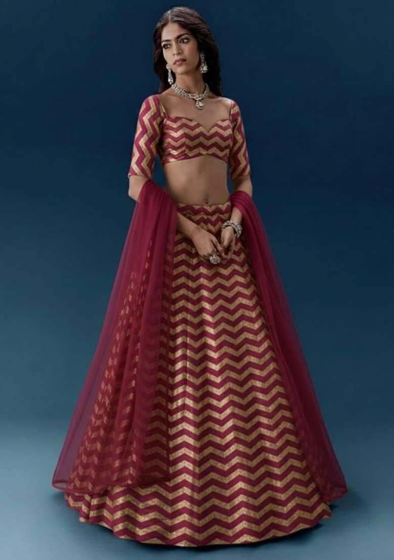 Mauve Printed Silk Blend Lehenga Set - Indya