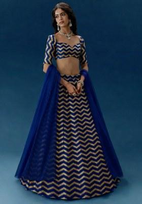 Royal Blue Printed Silk Lehenga Set