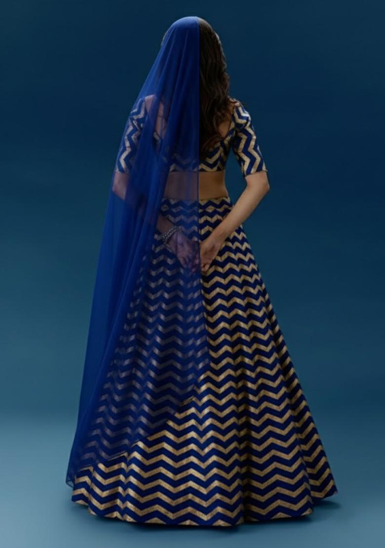 Royal Blue Printed Silk Lehenga Set - Indya