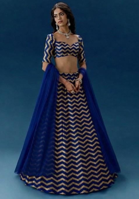 Royal Blue Printed Silk Lehenga Set