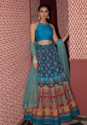 Teal Blue Embroidered Crepe Lehenga Set