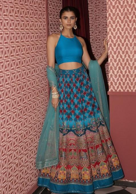 Teal Blue Embroidered Crepe Lehenga Set