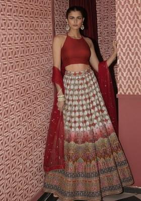 Red Embroidered Crepe Lehenga Set