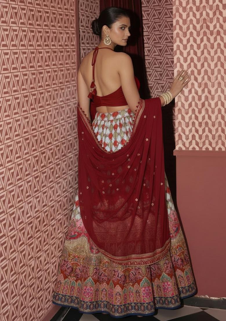 Red Embroidered Crepe Lehenga Set - Indya