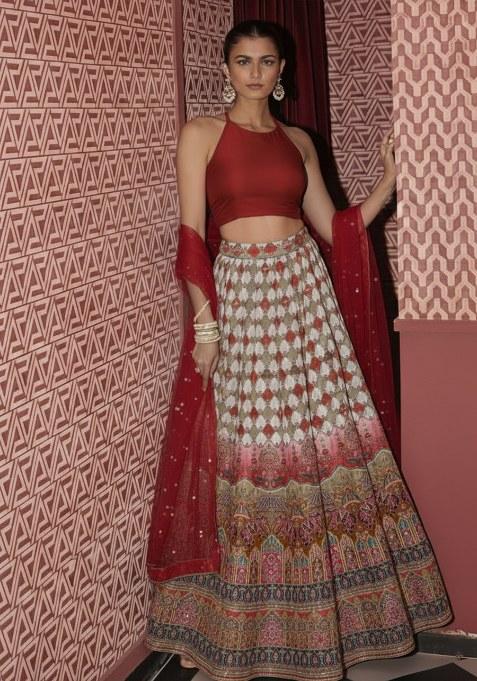 Red Embroidered Crepe Lehenga Set