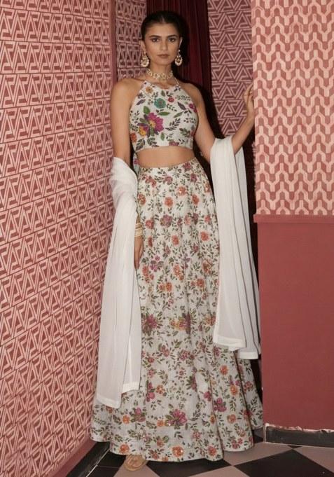 Ivory Embroidered Crepe Lehenga Set