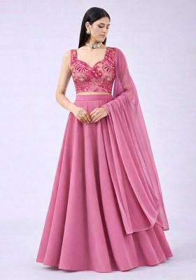 Blush Pink Floral Print Crepe Lehenga Set