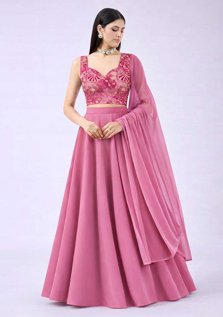 Blush Pink Crepe Lehenga Set with Floral Print for Diwali | Wedding & Festive Wear - Indya