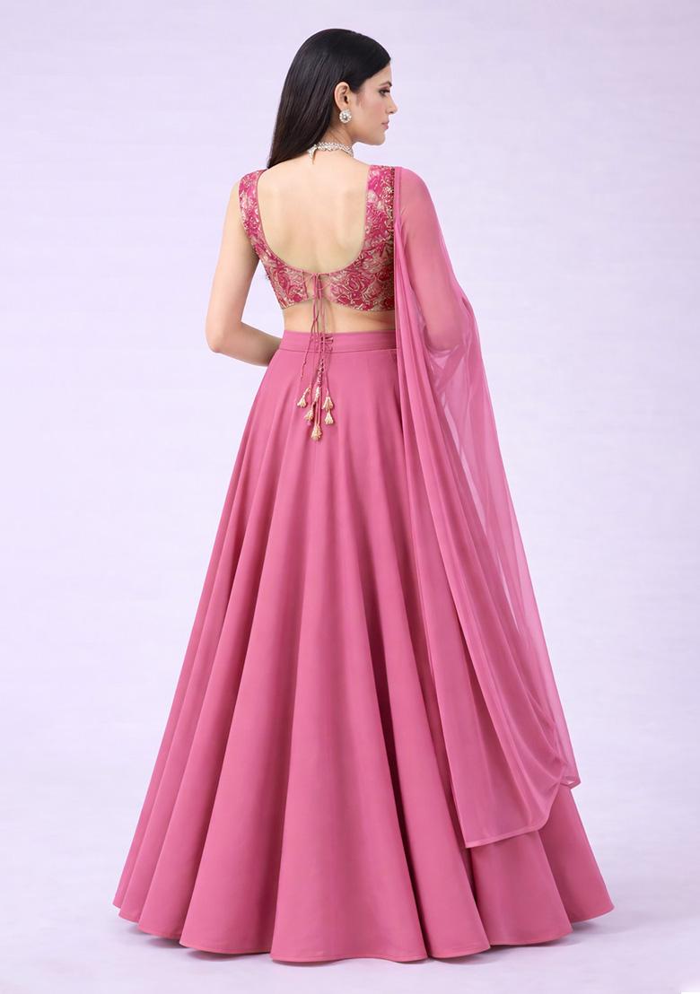 Blush Pink Floral Print Crepe Lehenga Set - Indya