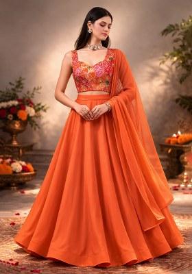 Orange Floral Print Crepe Lehenga Set