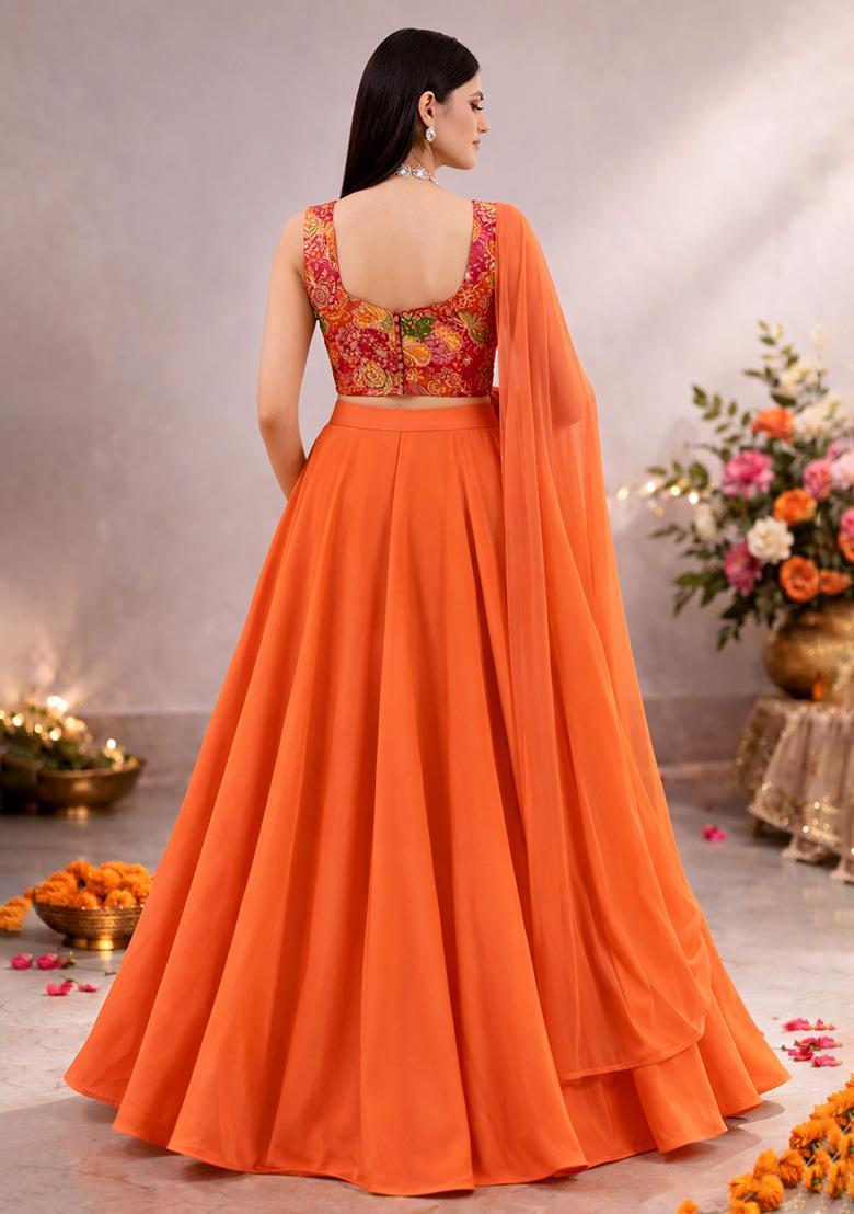 Orange Floral Print Crepe Lehenga Set - Indya