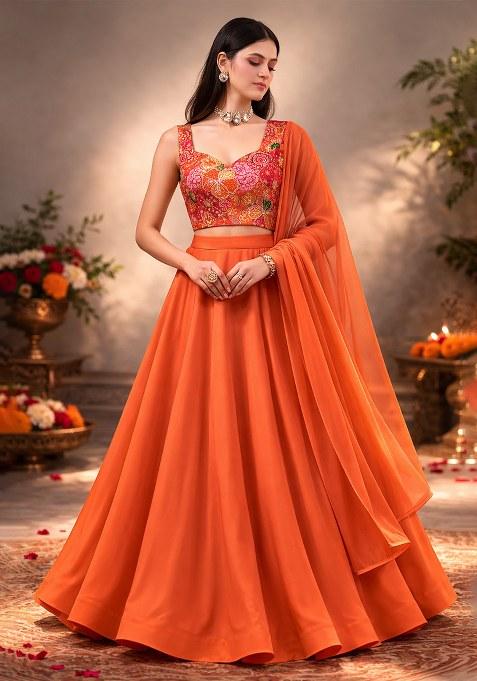 Orange Floral Print Crepe Lehenga Set