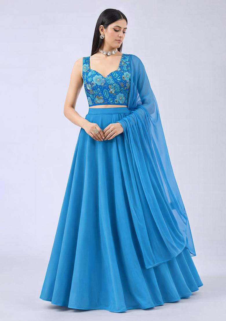 Blue Floral Print Crepe Lehenga Set - Indya