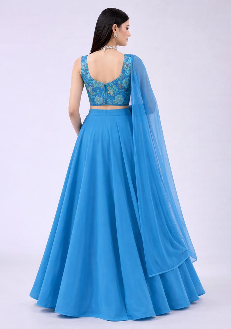 Blue Floral Print Crepe Lehenga Set - Indya