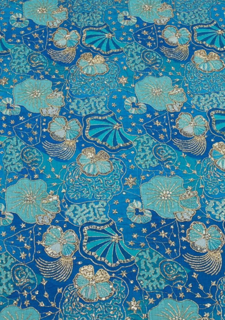 Blue Floral Print Crepe Lehenga Set - Indya