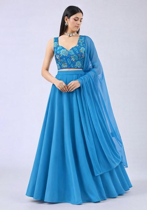 Blue Floral Print Crepe Lehenga Set