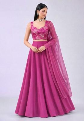 Pink Floral Print Crepe Lehenga Set