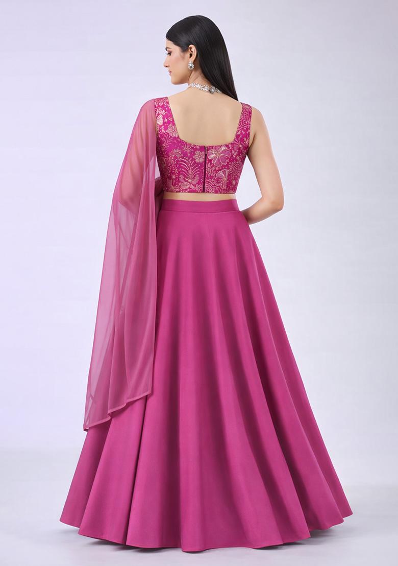 Pink Floral Print Crepe Lehenga Set - Indya