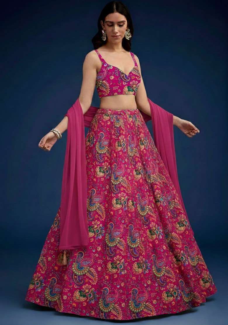 Rani Pink Crepe Lehenga Set with Floral Print for Diwali | Wedding & Festive Wear - Indya