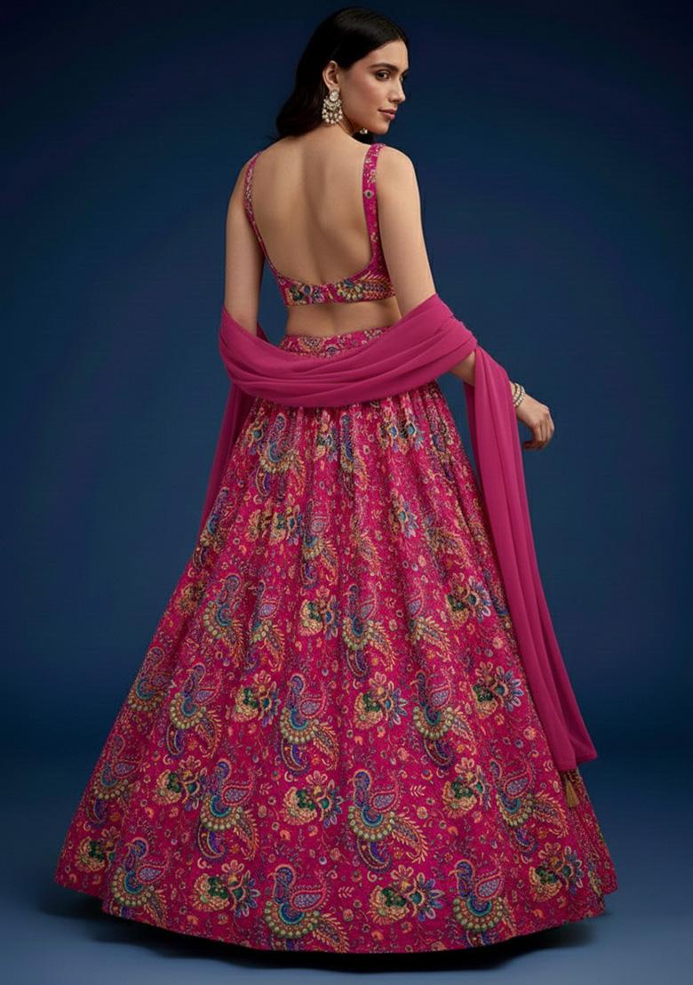 Rani Pink Floral Print Crepe Lehenga Set - Indya