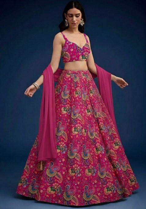 Rani Pink Floral Print Crepe Lehenga Set