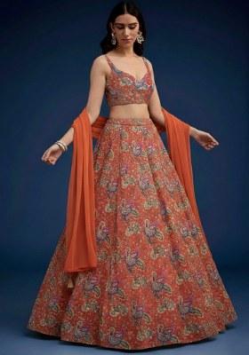 Coral Orange Floral Print Crepe Lehenga Set