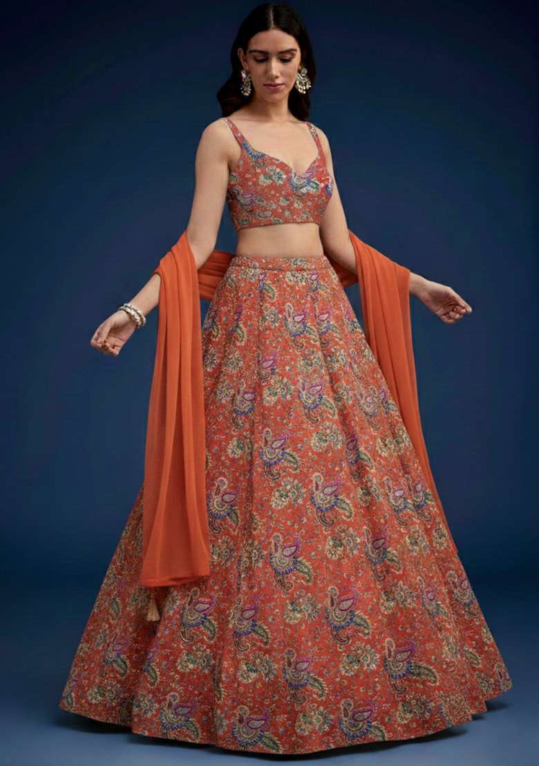 Coral Orange Floral Print Crepe Lehenga Set - Indya