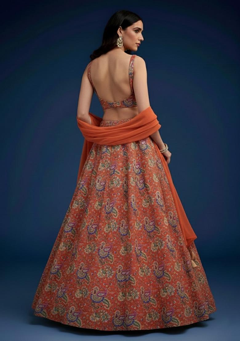 Coral Orange Floral Print Crepe Lehenga Set - Indya