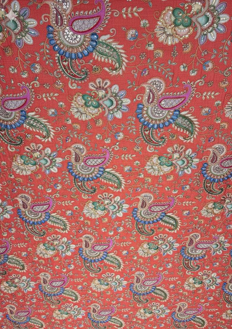 Coral Orange Floral Print Crepe Lehenga Set - Indya