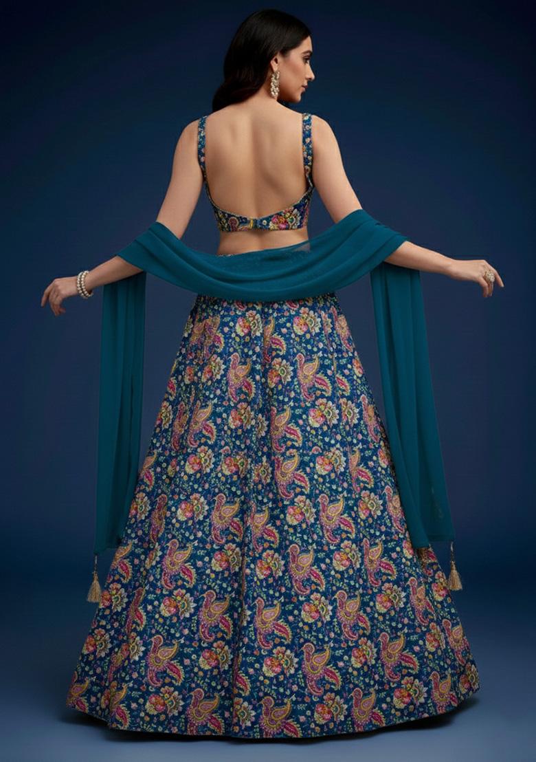 Teal Blue Floral Print Crepe Lehenga Set - Indya