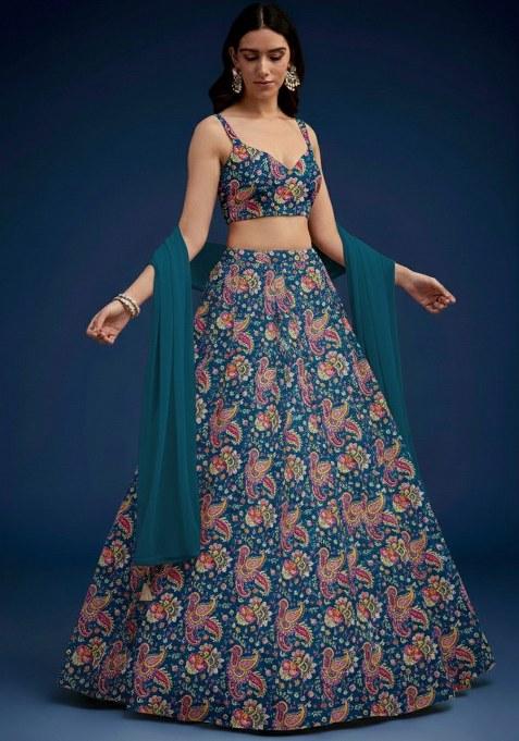 Teal Blue Floral Print Crepe Lehenga Set
