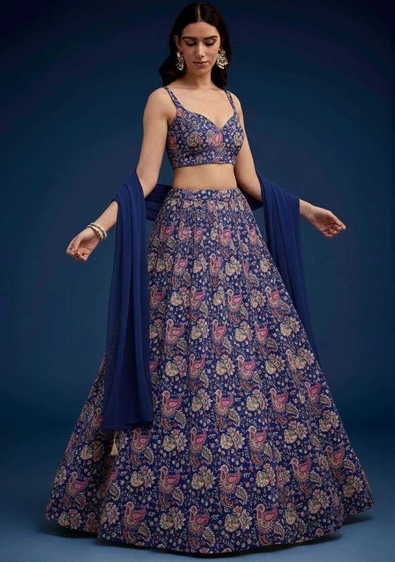 Navy Blue Floral Print Crepe Lehenga Set - Indya