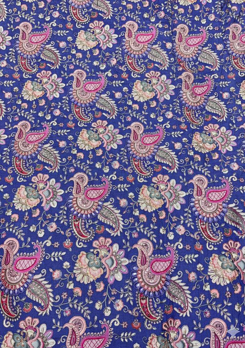 Navy Blue Floral Print Crepe Lehenga Set - Indya