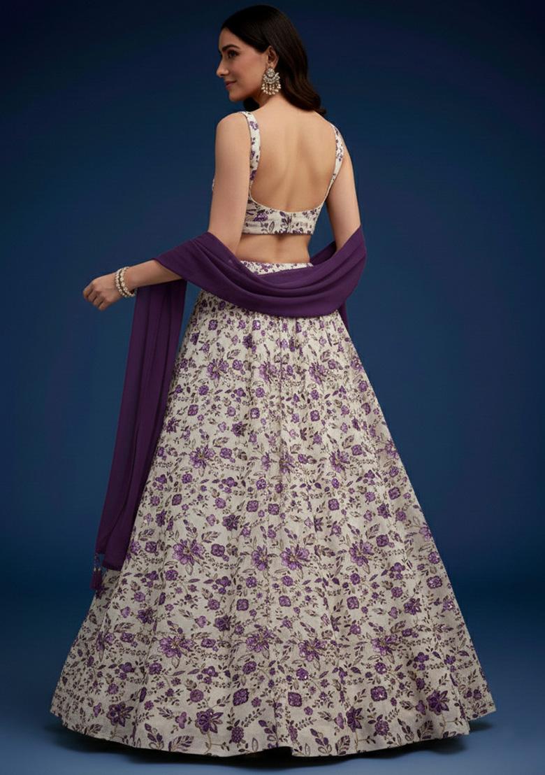 Purple Floral Print Crepe Lehenga Set - Indya