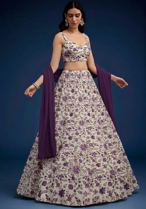 Purple Floral Print Crepe Lehenga Set
