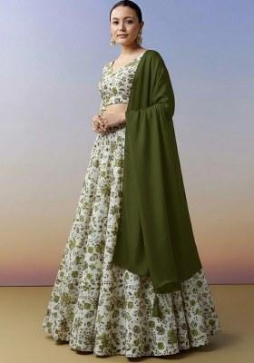Olive Green Floral Print Crepe Lehenga Set