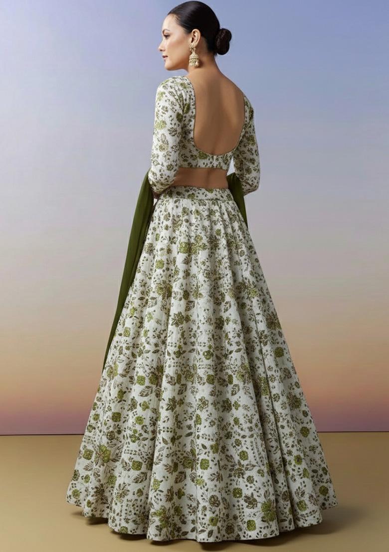 Olive Green Floral Print Crepe Lehenga Set - Indya