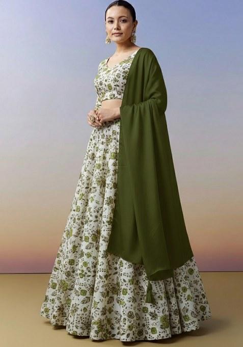 Olive Green Floral Print Crepe Lehenga Set
