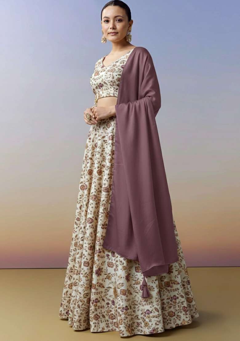 Ivory Floral Print Crepe Lehenga Set for Diwali and Festive Wear - Indya