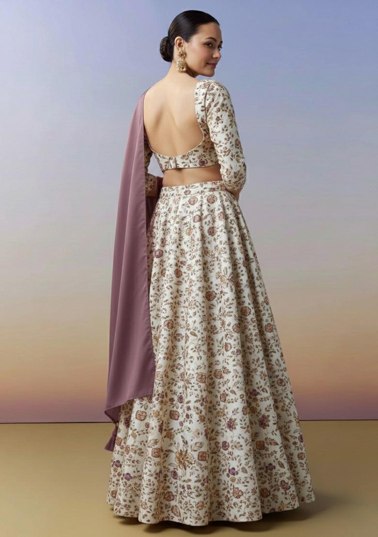 Ivory Floral Print Crepe Lehenga Set - Indya