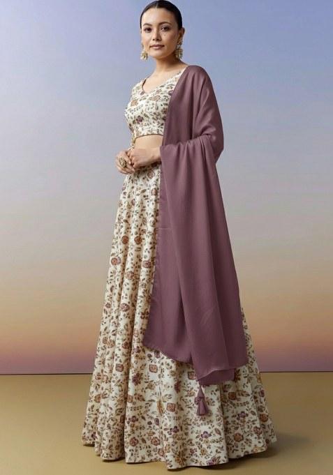 Ivory Floral Print Crepe Lehenga Set