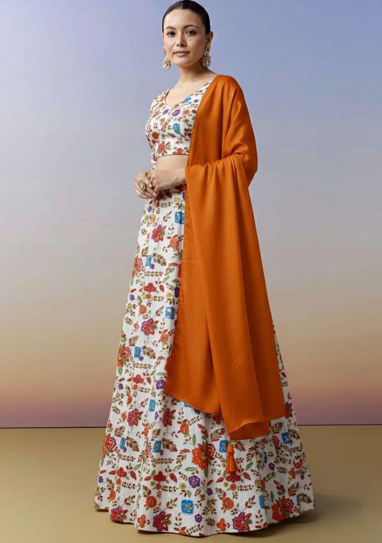 Rust Crepe Lehenga Set with Floral Print for Diwali | Wedding & Festive Wear - Indya