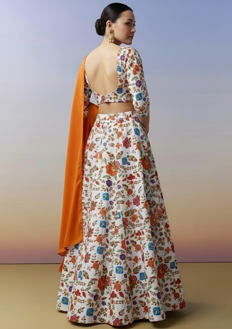 Rust Floral Print Crepe Lehenga Set - Indya
